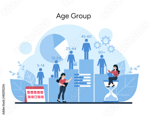 A dynamic illustration depicting market analysis across diverse age categories, from youth to seniors