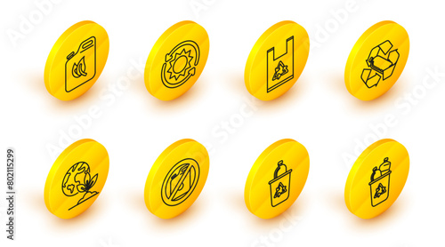 Set line Recycle bin with recycle symbol, No canister for gasoline, Earth globe and plant, Recycling plastic bottle, Plastic bag, Solar energy panel and Bio fuel icon. Vector