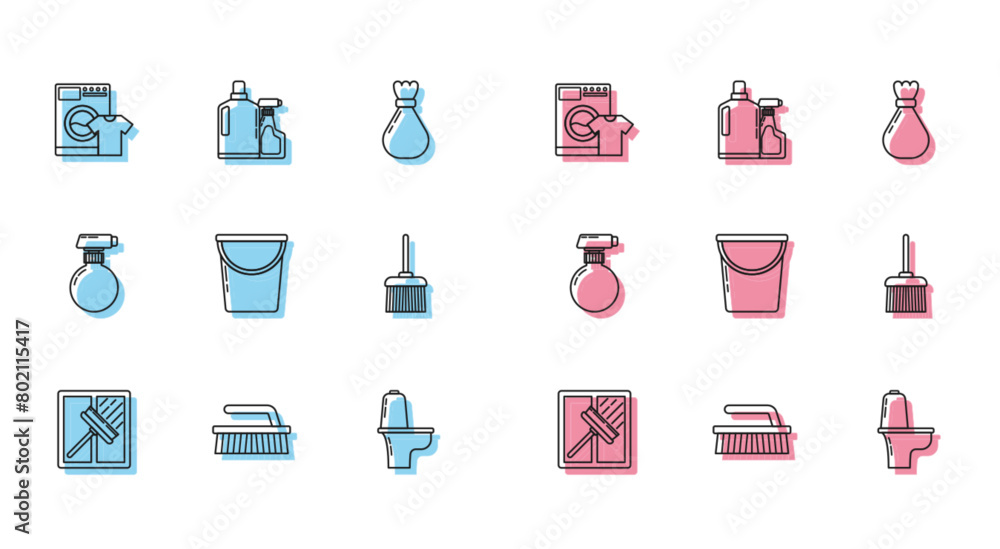 Set line Squeegee, scraper, wiper, Brush for cleaning, Washer and t-shirt, Toilet bowl, Bucket, Handle broom, and Plastic bottles liquid dishwashing liquid icon. Vector Set line Squeegee, scraper, wiper, Brush for cleaning, Washer and t-shirt, Toilet bowl, Bucket, Handle broom, and Plastic bottles liquid dishwashing liquid icon. Vector