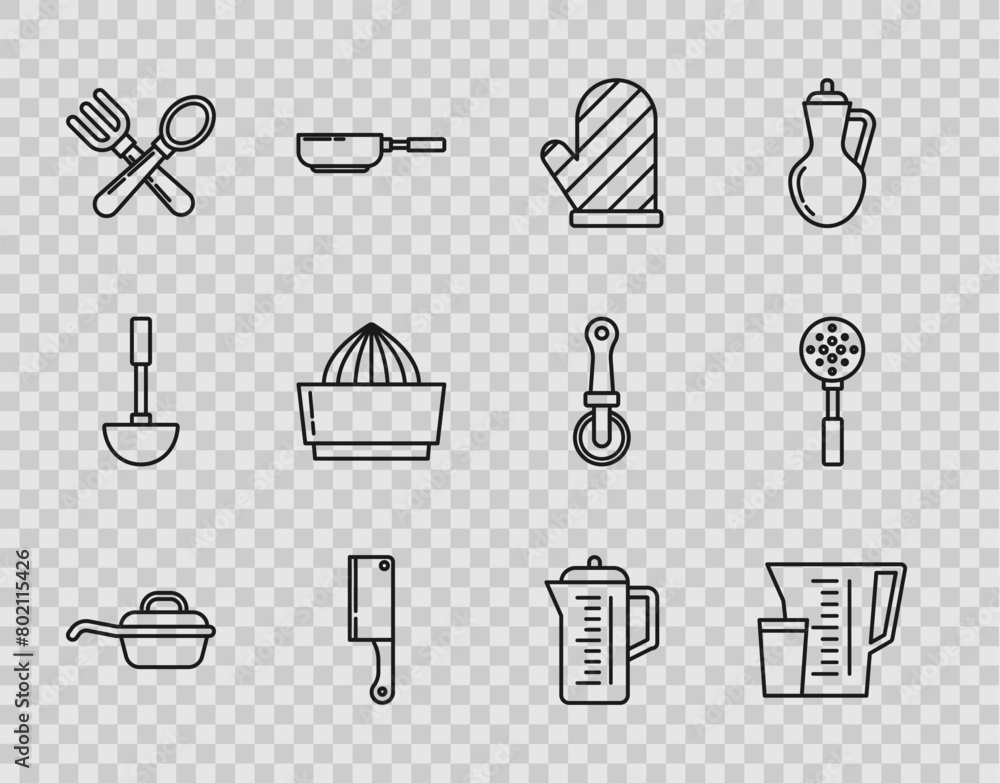 Set line Frying pan, Measuring cup, Oven glove, Meat chopper, Crossed fork and spoon, Citrus fruit juicer, Teapot and Spatula icon. Vector Set line Frying pan, Measuring cup, Oven glove, Meat chopper, Crossed fork and spoon, Citrus fruit juicer, Teapot and Spatula icon. Vector