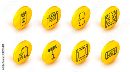 Set line Digital alarm clock, Bathroom scales, Electric heater, Vacuum cleaner, Gas stove, Table lamp, Slow cooker and Remote control icon. Vector