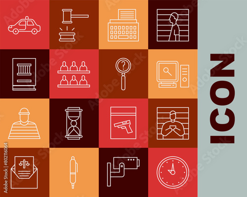 Set line Clock, Suspect criminal, Search on computer screen, Retro typewriter, Jurors, Law book, Police car and flasher and Magnifying glass with search icon. Vector