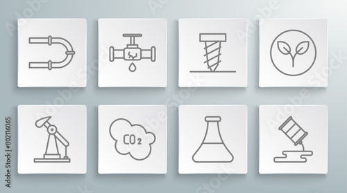 Set line Oil pump or pump jack, Broken pipe with leaking water, CO2 emissions cloud, petrol test tube, Barrel oil, Rotating drill digging hole, Bio fuel and Industry icon. Vector