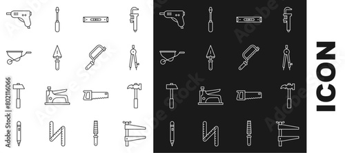 Set line Clamp tool, Claw hammer, Drawing compass, Construction bubble level, Trowel, Wheelbarrow, Electric hot glue gun and Hacksaw icon. Vector