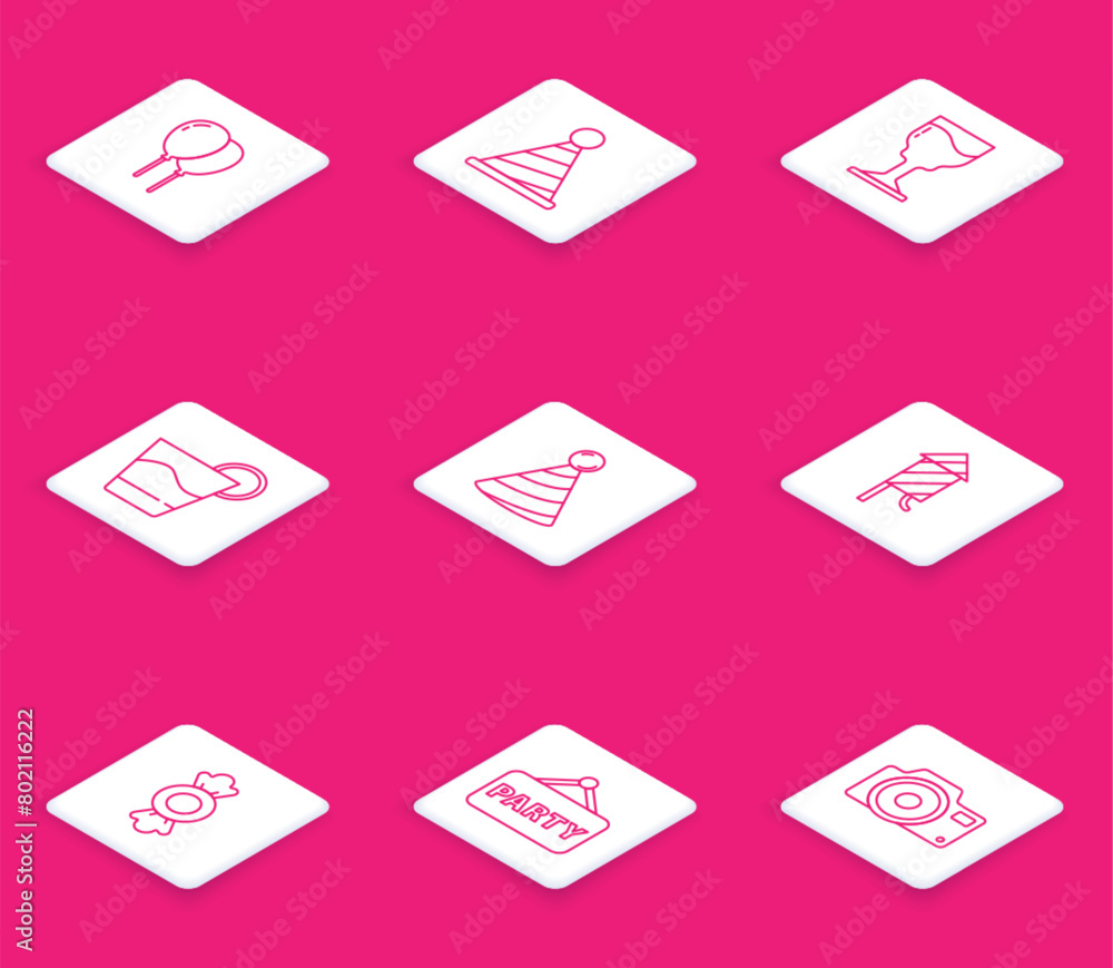 Set line Balloons with ribbon, Party hat, Wine glass, Cocktail, Firework rocket, Candy and Signboard party icon. Vector Set line Balloons with ribbon, Party hat, Wine glass, Cocktail, Firework rocket, Candy and Signboard party icon. Vector