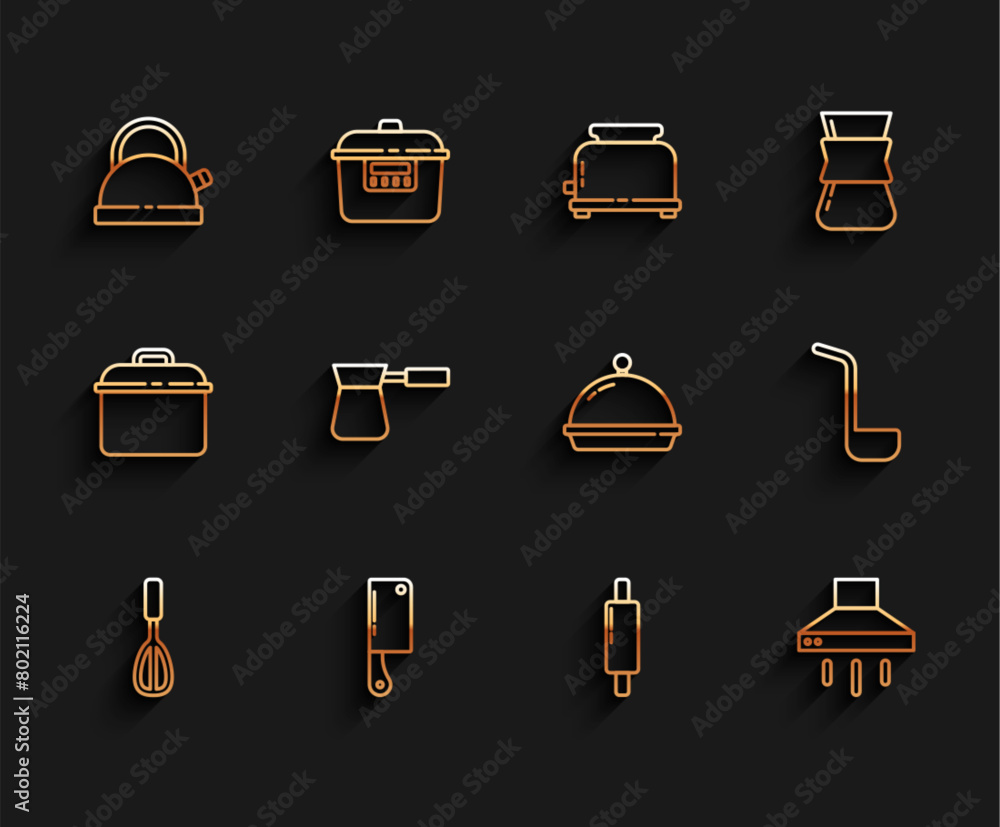 Set line Kitchen whisk, Meat chopper, Kettle with handle, Rolling pin, extractor fan, Coffee turk, ladle and Covered tray food icon. Vector Set line Kitchen whisk, Meat chopper, Kettle with handle, Rolling pin, extractor fan, Coffee turk, ladle and Covered tray food icon. Vector