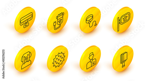Set line Hair brush for dog and cat, Veterinarian doctor, Tennis ball, Dog, Pet grooming, Retractable cord leash, clipper pet and Collar with name tag icon. Vector