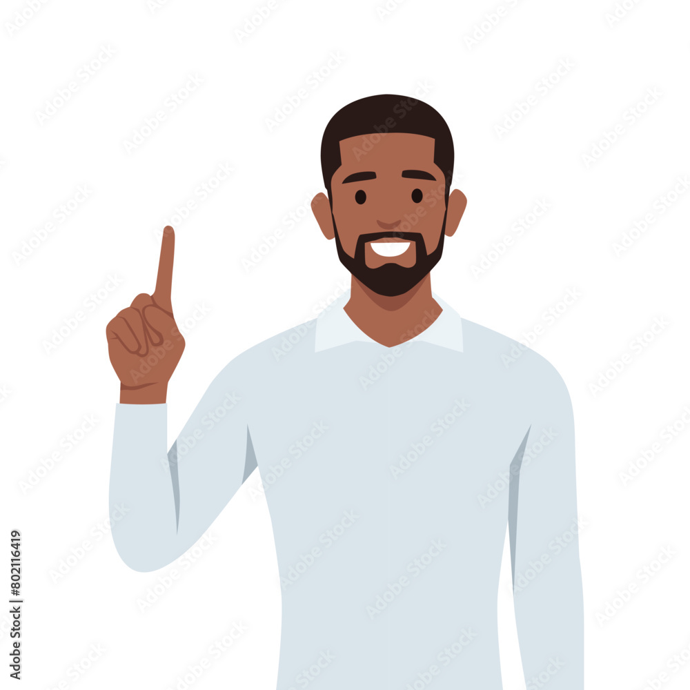 Young black man Character raise his hand to show the count number 1. Young black man Character raise his hand to show the count number 1.