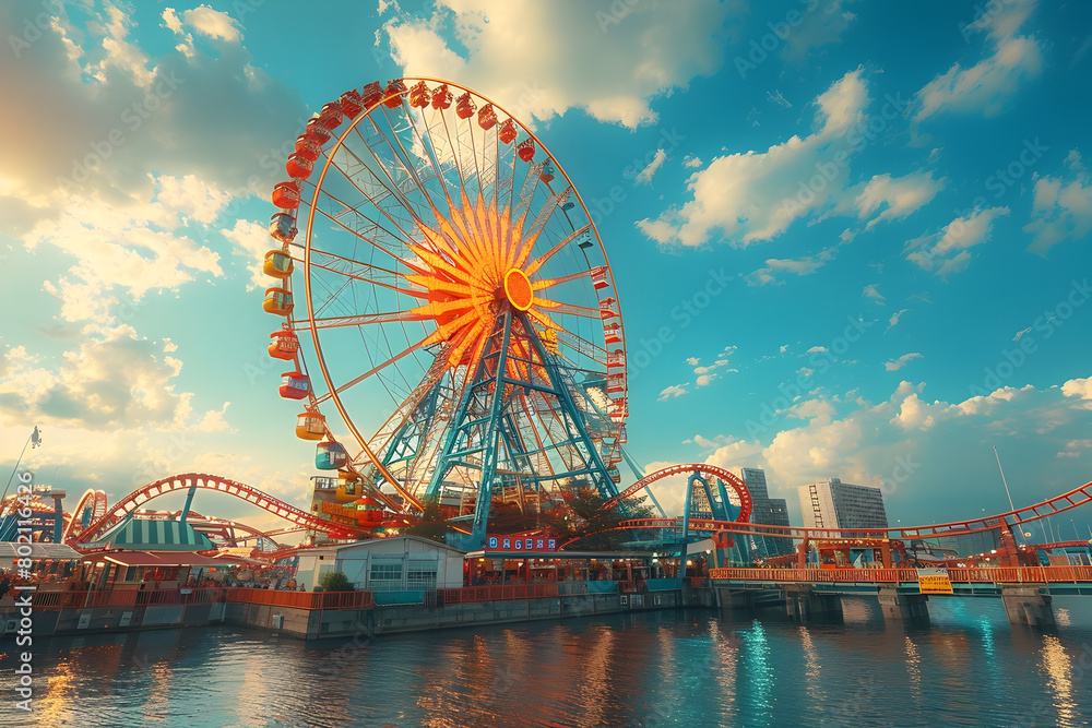 Ferris Wheel at Amusement Park or Beach at Different Times of the Day, To convey the joy and excitement of riding a ferris wheel at an amusement park Ferris Wheel at Amusement Park or Beach at Different Times of the Day, To convey the joy and excitement of riding a ferris wheel at an amusement park