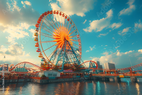 Ferris Wheel at Amusement Park or Beach at Different Times of the Day, To convey the joy and excitement of riding a ferris wheel at an amusement park