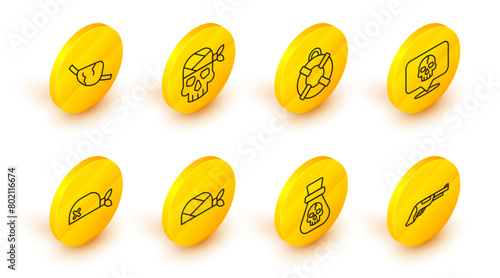 Set line Vintage pistol, Pirate coin, bandana for head, Skull, Lifebuoy, captain and eye patch icon. Vector
