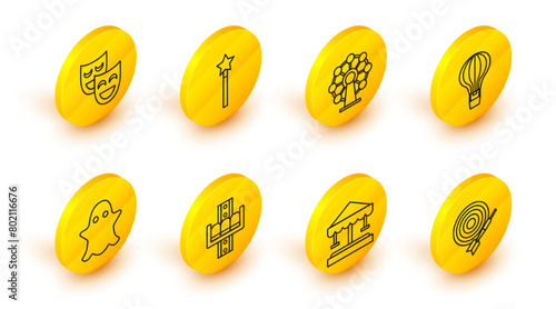 Set line Classic dart board and arrow, Attraction carousel, Ghost, Hot air balloon, Ferris wheel, Magic wand and Comedy theatrical masks icon. Vector