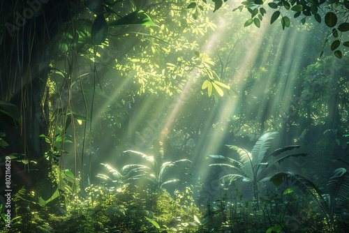 Sunbeams peeking through the gaps in a dense forest, illuminating the forest floor.