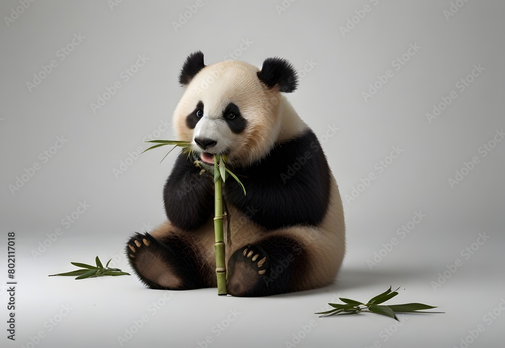 A panda chewing bamboo on a white background, generative AI