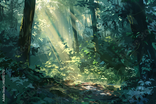 Sunbeams peeking through the gaps in a dense forest  illuminating the forest floor.