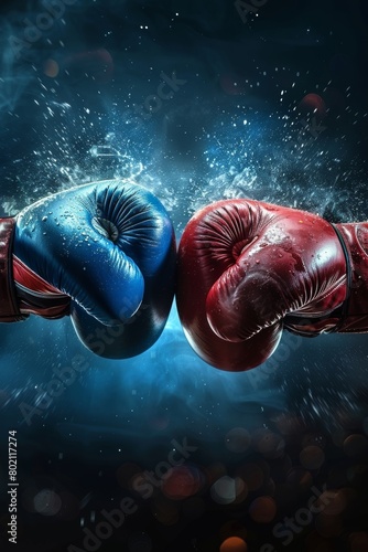 Prominent boxing gloves face off in wide poster with bold  vs  letters for intense versus battle © Ilja
