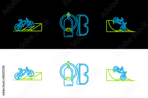 Set line Bicycle on street ramp, and Diving mask and aqualung icon. Vector