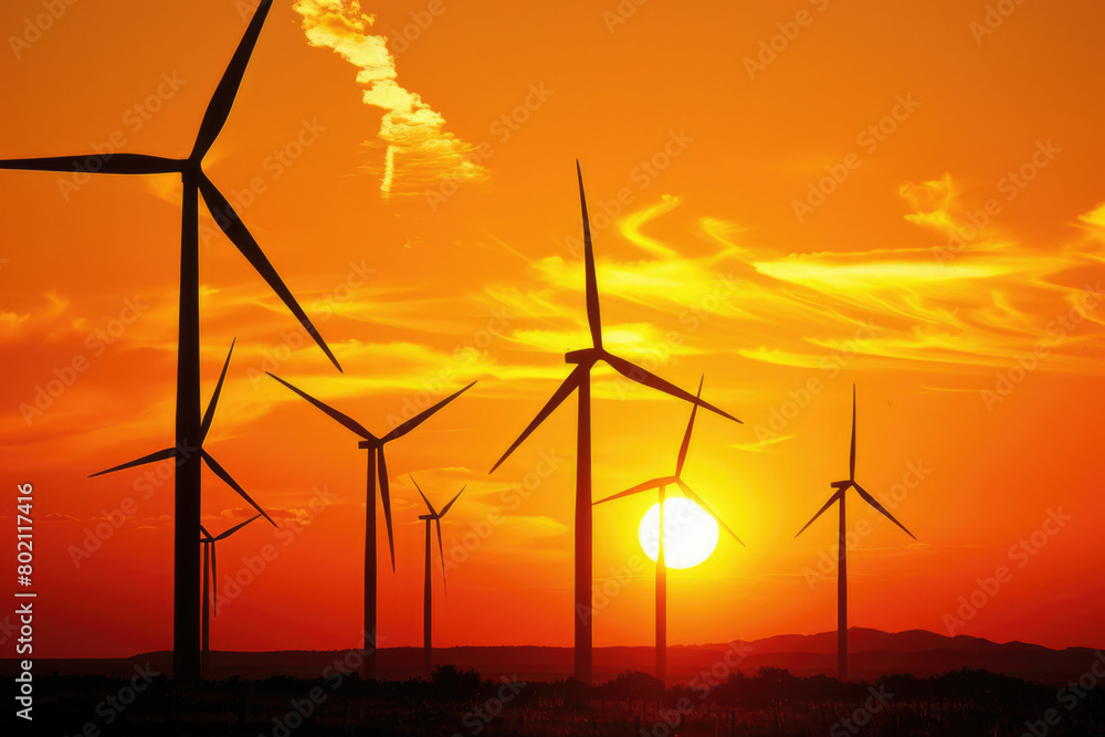 Wind turbines against a setting sun