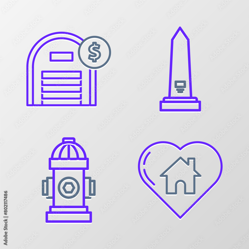 Set line House with heart shape, Fire hydrant, Washington monument and Warehouse dollar symbol icon. Vector Set line House with heart shape, Fire hydrant, Washington monument and Warehouse dollar symbol icon. Vector