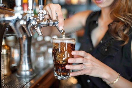 Close up shot of bartender s hands meticulously pouring beer from tap for detailed view