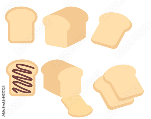 Set of baked sliced bread bakery.Menu for cafe or restaurant.Wheat bread toast.Sandwich food.Sign, symbol, icon or logo isolated.Pastry product.Flat design.Grapic.Cartoon vector illustration.