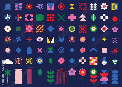 
Bold geometric shapes in brutalist style. Modern Swiss design with minimalist icons: stars, ovals, spirals, flowers, circle etc