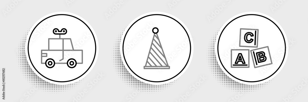 Set line ABC blocks, Toy car and Party hat icon. Vector Set line ABC blocks, Toy car and Party hat icon. Vector