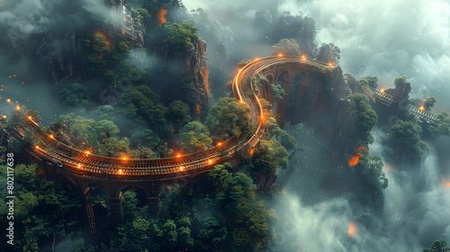 Fantasy Train Tracks Winding Through the Misty Forest and Mountains, To provide a unique and captivating background for various projects, such as photo