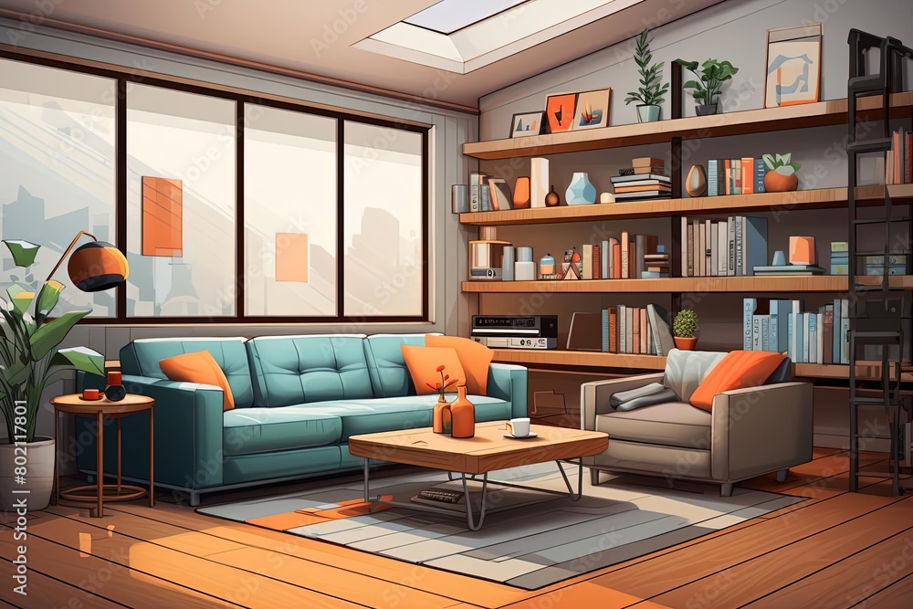 Urban Concept Living Room with Couch, Chair, Coffee Table, and Bookshelf in Blue and Orange Color Scheme