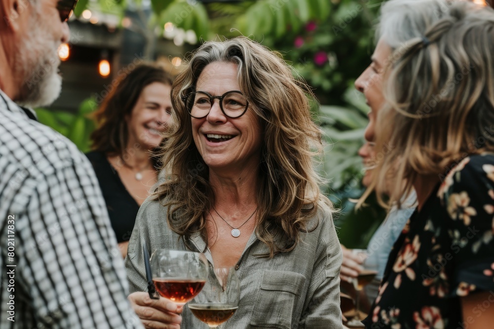 Group of friends hanging out and toasting with white wine at a rooftop party Group of friends hanging out and toasting with white wine at a rooftop party