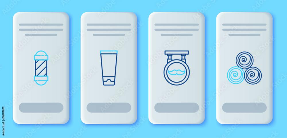 Set line Cream or lotion cosmetic tube, Barbershop, Classic pole and Towel rolls icon. Vector Set line Cream or lotion cosmetic tube, Barbershop, Classic pole and Towel rolls icon. Vector