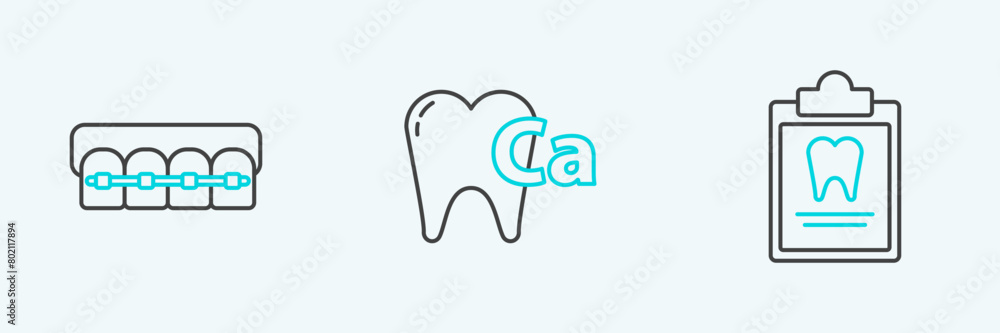 Set line Clipboard with dental card, Teeth braces and Calcium for tooth icon. Vector Set line Clipboard with dental card, Teeth braces and Calcium for tooth icon. Vector