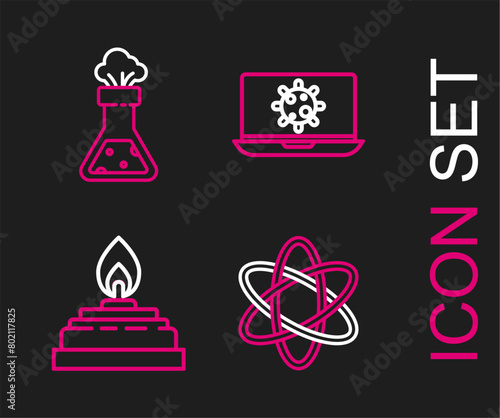 Set line Atom, Alcohol or spirit burner, Bacteria on laptop and Test tube and flask chemical icon. Vector