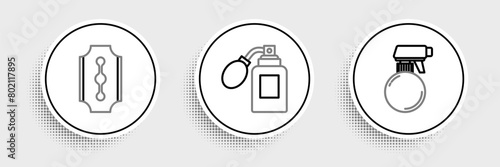 Set line Hairdresser pistol spray bottle, Blade razor and Aftershave with atomizer icon. Vector