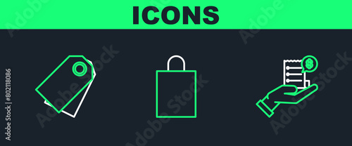 Set line Human hand holding with blank receipt or bill for payment, Blank label template price tag and Paper shopping bag icon. Vector