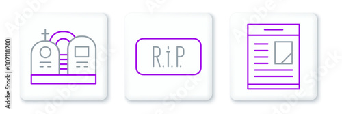 Set line Obituaries, Grave with tombstone and Speech bubble rip death icon. Vector