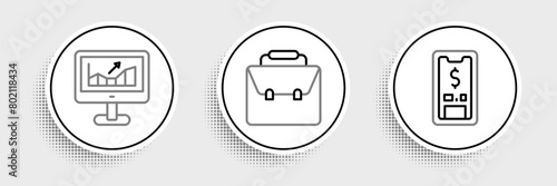 Set line Mobile with dollar, Computer growth graph and Briefcase icon. Vector