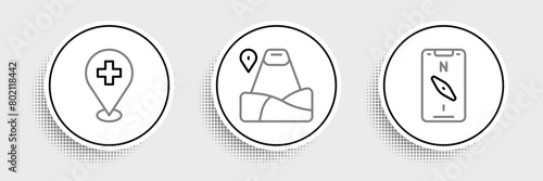 Set line Compass on mobile, Medical location with cross and Location mountain icon. Vector