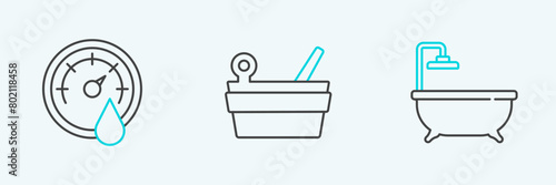 Set line Bathtub, Sauna thermometer and bucket and ladle icon. Vector