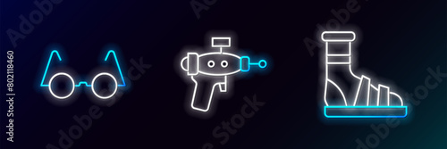 Set line Slippers with socks, Eyeglasses and Ray gun icon. Glowing neon. Vector