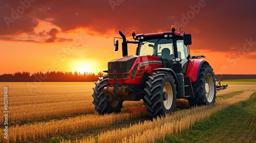 Tractor in a wide agricultural field at sunset