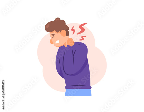 illustration of a man feeling pain in his neck. back neck pain, muscle aches, stiff or tense muscles. symptoms of muscle injury or arthritis. neck problems. condition and health. flat style character 