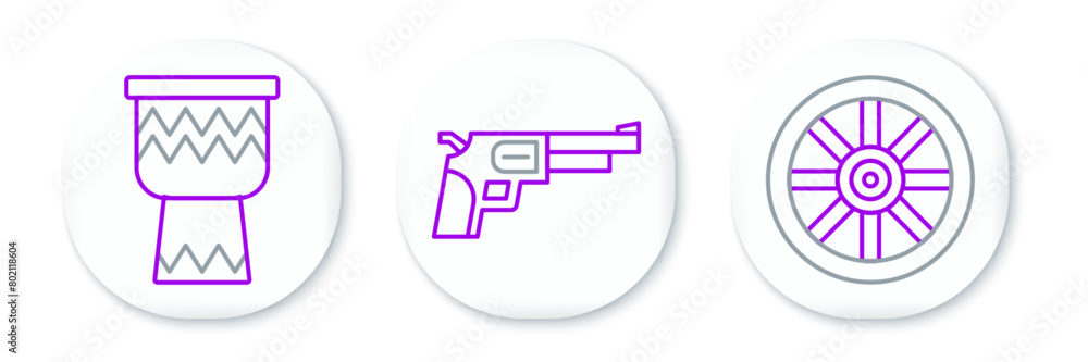 Set line Old wooden wheel, Drum and Revolver gun icon. Vector Set line Old wooden wheel, Drum and Revolver gun icon. Vector