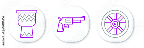 Set line Old wooden wheel, Drum and Revolver gun icon. Vector