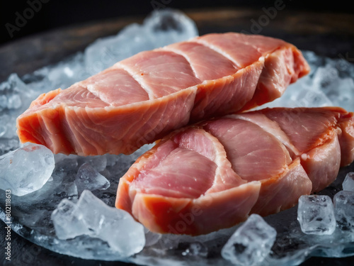 Raw chicken fillets laid out on a bed of ice at the butcher's counter