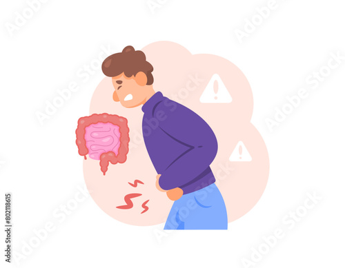 illustration of a man feeling pain in his stomach. stomach ache. appendicitis or inflammation of the appendix. intestinal inflammation. problems, conditions and health. flat style character