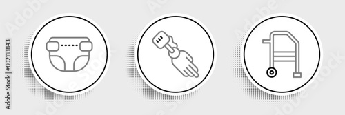 Set line Walker, Adult diaper and Prosthesis hand icon. Vector