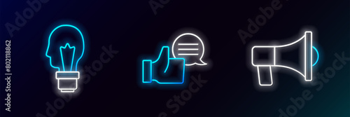 Set line Megaphone, Light bulb with concept of idea and Customer product rating icon. Glowing neon. Vector