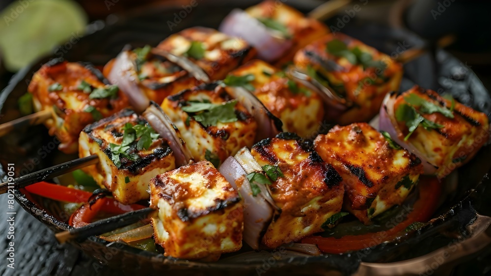 Capturing the Essence: Grilled Indian Tandoori Paneer Tikka Dish in Food Photography. Concept Food Styling, Delicious Dishes, Vibrant Colors, Indian Cuisine, Mouthwatering Presentation