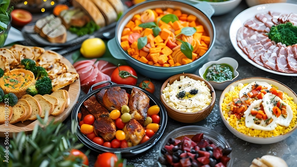 Food Spread at a Buffet or Family Gathering: A Display of Various Delicacies. Concept Buffet Presentation, Family Feast, Food Variety, Culinary Delights Food Spread at a Buffet or Family Gathering: A Display of Various Delicacies. Concept Buffet Presentation, Family Feast, Food Variety, Culinary Delights